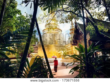 Woman Near Old Temple In Thailand