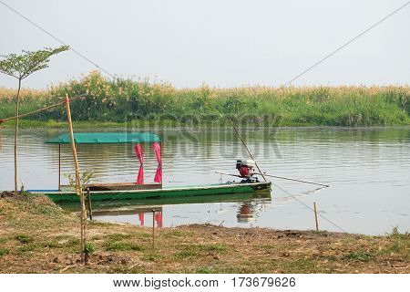 wood travel ship in the canal in thailand