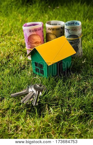 indian currency notes of rupees 100, 500 and 2000 in roll or stack with small home model, keys, toy car and calculator with blank board over green grass - home buying and finance concept in India