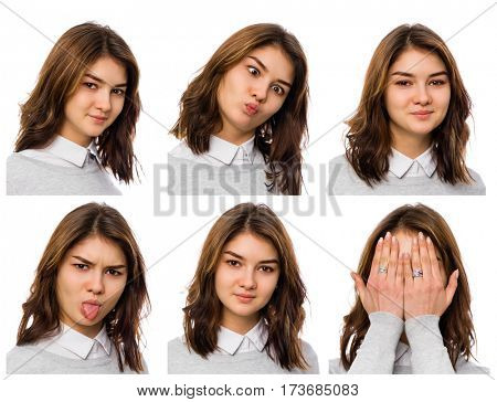 Funny collage of photos on the documents. Beautiful brunette women, isolated on white background