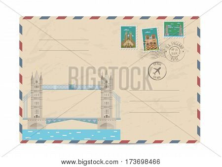 Tower Bridge Thames river in London, UK. Vintage postal envelope with famous architectural composition, postage stamps and postmarks on white background vector illustration. Airmail postal services.
