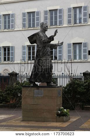 Lyon, France - December 20, 2016: Monument to Pope Saint John Paul II. architecture Basilica of Notre-Dame de Fourviere is located on hill of Fourviere in December 20 in Lyon, France