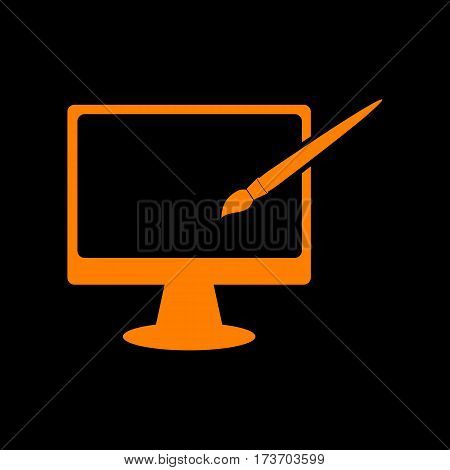 Monitor with brush sign. Orange icon on black background. Old phosphor monitor. CRT.