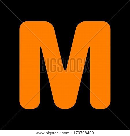 Letter M sign design template element. Orange icon on black background. Old phosphor monitor. CRT.