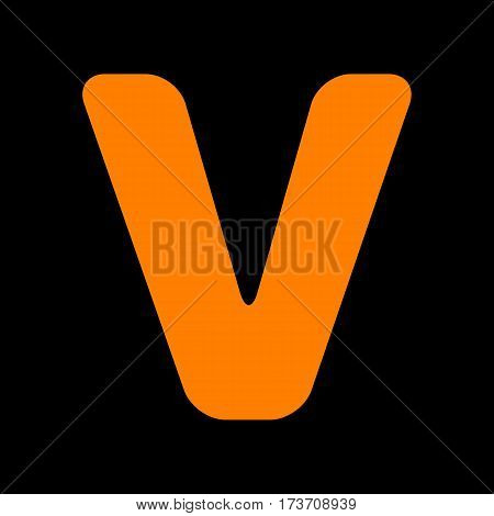 Letter V sign design template element. Orange icon on black background. Old phosphor monitor. CRT.