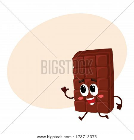 Cute chocolate bar character with funny face hurrying somewhere, cartoon vector illustration with place for text. Funny chocolate character, mascot, emoticon