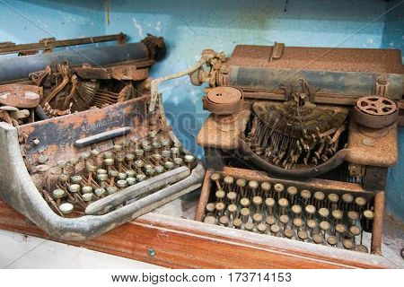 Two Old Rusty Printing Machines at Museum