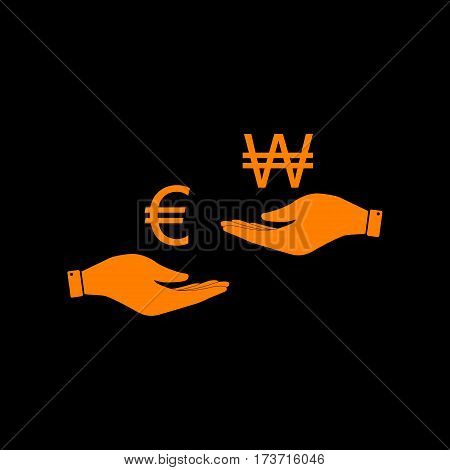 Currency exchange from hand to hand. Euro and Won. Orange icon on black background. Old phosphor monitor. CRT.