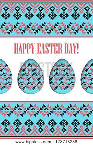 Holiday spring greeting card. Eggs paper cut and headline Happy Easter on tribal pixel background from national ornament. Vector illustration.