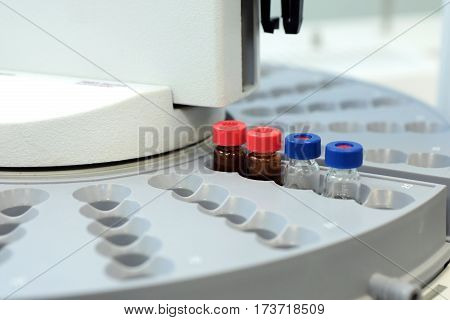 Quality Control Laboratory Medicine. Chromatograph Operation. Bottles Check On The Quality Of The Su
