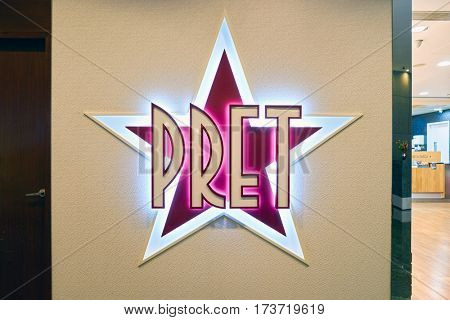 HONG KONG - CIRCA NOVEMBER, 2016: close up shot of Pret a Manger sign in Hong Kong. Pret a Manger is a sandwich shop chain based in the United Kingdom.