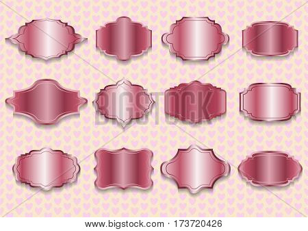 Labels vintage vector set in light and dark pink and violet metal colors. EPS