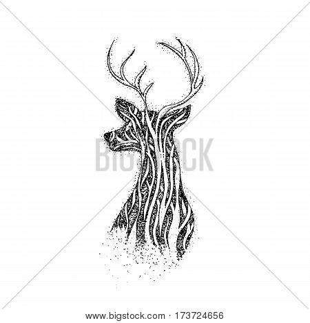 Dotwork Tree Reindeer. Vector Illustration of Boho Style T-shirt Design. Tattoo Hand Drawn Sketch. Deer with Antlers.