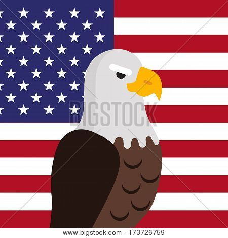 Bald eagle vector. USA national bird symbol and flag for patriotic national symbolic, patriotic posters, elections illustrating. Big eagle witn white fead on American flag background. 4 july