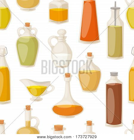 Different food oil in bottles seamless pattern vector background