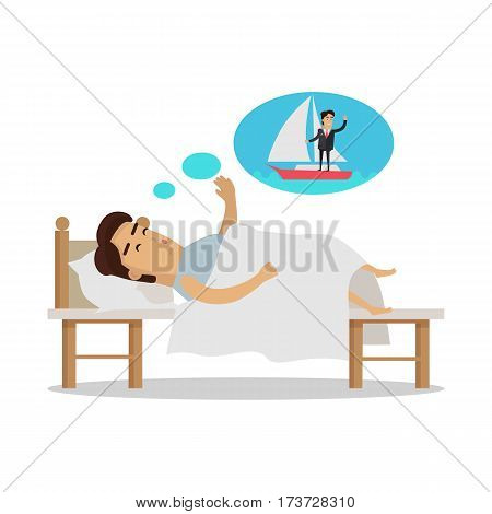 Dreams of vacation vector concept. Flat design. Man sleeping in bed and dream about a vacation at seacoast. Yachting at weekend. Leisure at tropical countries. For summer vacation concept. On white