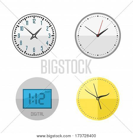 Wall clock circle sign with chronometer pointer collection and deadline stopwatch speed office alarm timer minute watch vector illustration icons set. Time tool and modern round hour meter equipment.