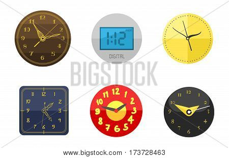 Wall clock circle sign with chronometer pointer collection and deadline stopwatch speed office alarm timer minute watch vector illustration icons set. Time tool and modern round hour meter equipment.