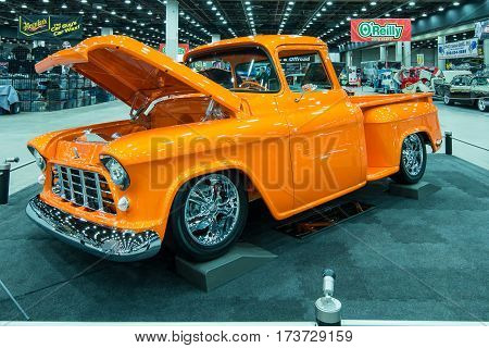 DETROIT MI/USA - February 25 2017: A 1956 Chevrolet pickup truck interpretation on display at the Detroit Autorama, a showcase of custom and restored cars.
