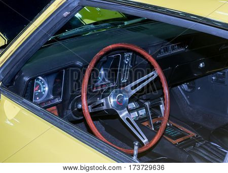 DETROIT MI/USA - February 25 2017: A 1969 Chevrolet Camaro car interior restoration on display at the Detroit Autorama, a showcase of custom and restored cars.