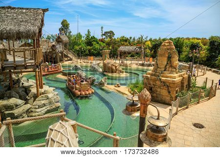 PORT AVENTURA/ SPAIN - MAY 11, 2015. Interactive water attraction Angkor, based on the Cambodian temple of Angkor Wat. Theme Park Port Aventura, Salou, Spain