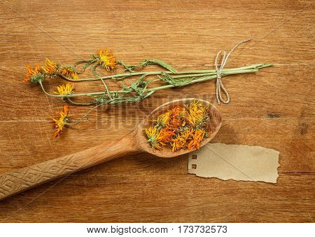 Calendula. Dried herbs for use in alternative medicine spa herbal cosmetics herbal medicine preparing infusions decoctions tinctures powders ointments butter tea bath.