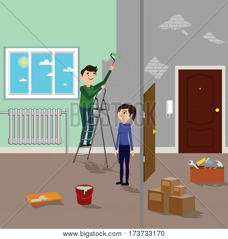 Room repair in apartment. Man and woman doing interior renovation in home.