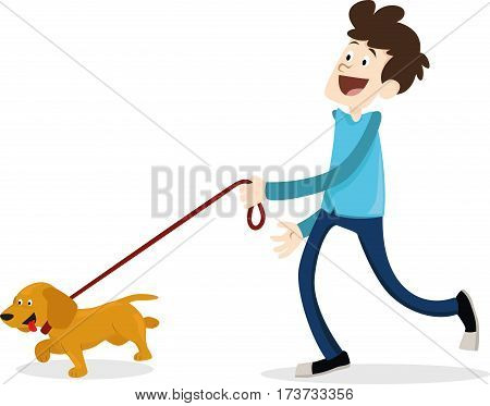 Cartoon style man walking with dog dachshund