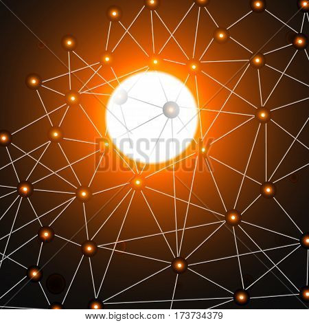 Abstract vector space dark grey background. Chaotically connected points and sun. Futuristic technology style. Vector