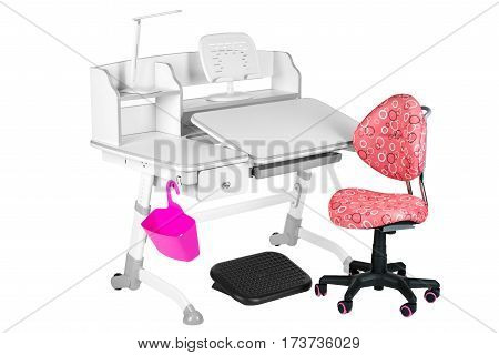 Pink chair gray school table pink basket desk lamp and black support under legs on the white isolated background.
