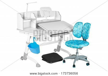 Blue chair gray school table blue basket desk lamp and black support under legs on the white isolated background.