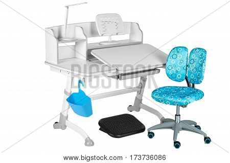 Blue chair gray school table blue basket desk lamp and black support under legs on the white isolated background.