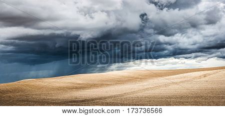 Panoramic View Of Summer Landscape With Dramatic Thunderclouds In The Background