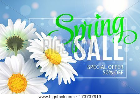 Springr sale concept. Summer background with chamomile and blue sky background. Template for banners, web, flyer, voucher. Vector illustration.