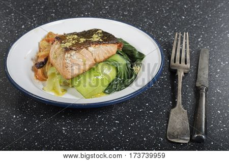 grilled fresh samon fillet with vegetables on black surface