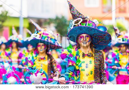 Badajoz, Spain, Sunday. February.26. 2017 Participants In Colorful Costumes Take Part In The Carniva
