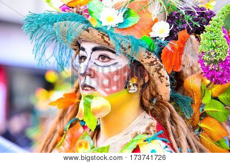 Badajoz, Spain, Sunday. February.26. 2017 Participants In Colorful Costumes Take Part In The Carniva