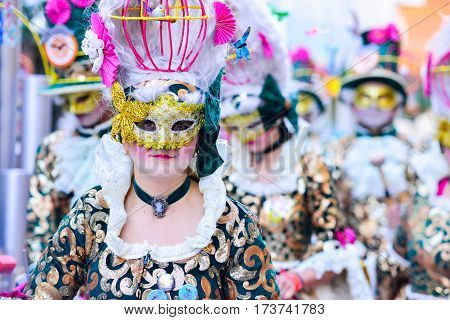 Badajoz, Spain, Sunday. February.26. 2017 Participants In Colorful Costumes Take Part In The Carniva