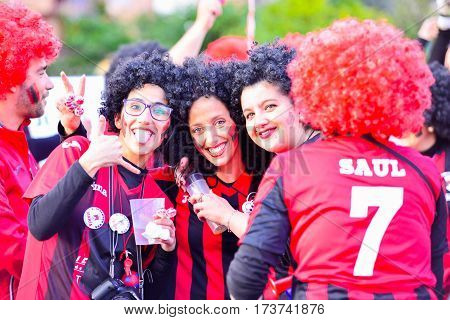 Badajoz, Spain, Sunday. February.26. 2017 Participants In Colorful Costumes Take Part In The Carniva