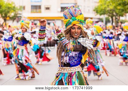 Badajoz, Spain, Sunday. February.26. 2017 Participants In Colorful Costumes Take Part In The Carniva