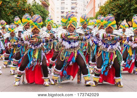 Badajoz, Spain, Sunday. February.26. 2017 Participants In Colorful Costumes Take Part In The Carniva