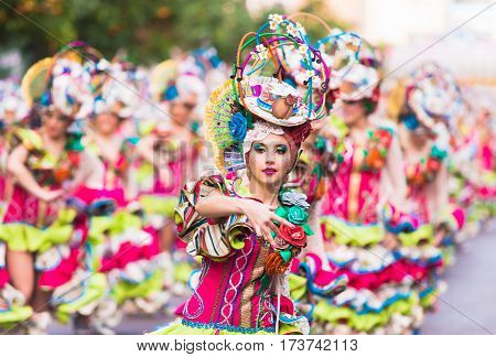 Badajoz, Spain, Sunday. February.26. 2017 Participants In Colorful Costumes Take Part In The Carniva