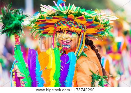 Badajoz, Spain, Sunday. February.26. 2017 Participants In Colorful Costumes Take Part In The Carniva