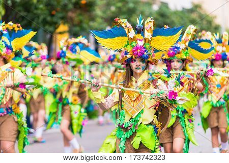 Badajoz, Spain, Sunday. February.26. 2017 Participants In Colorful Costumes Take Part In The Carniva