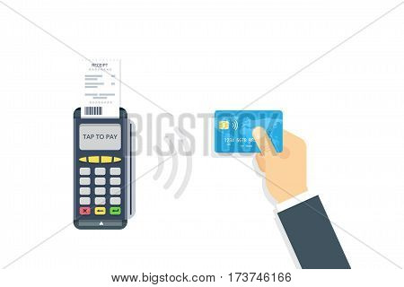 Wireless Payment vector illustration in flat style. Pos terminal confirms contactless payment from credit card.