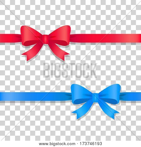 Illustration of two ribbons with bows. Blue and red long lines on transparent background. Cartoon style. Silk decoration on transparency. Flat design. For presents, gifts, cards, holidays. Vector