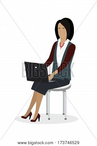 Business woman working with laptop in office. Woman in business suit sitting on the chair and using laptop. Business woman at the workplace. Isolated object in flat design on white background.