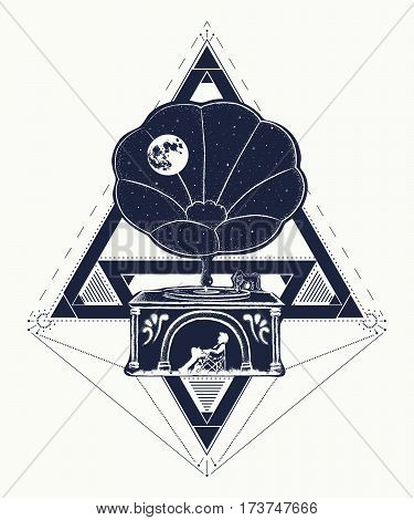Old gramophone tattoo art. Man looks at the moon in the sky adventure camping travel and tourism. T-shirt design cover. Vector illustration.