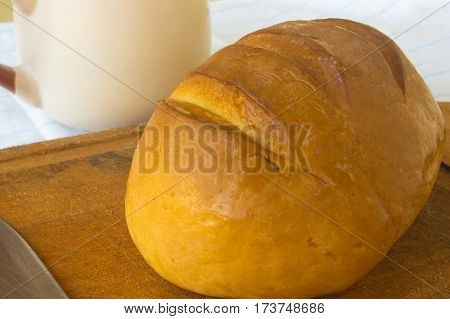 head of traditional Adygei cheese handmade with knife and a Cup of coffee on wooden Board