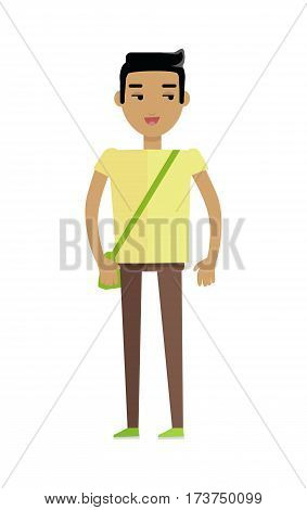 Young european man in yellow t-shirt and brown trousers with leather bag. Caucasian beautiful boy. Attractive teenager gentleman in casual clothes. Part of series of people of the world. Vector